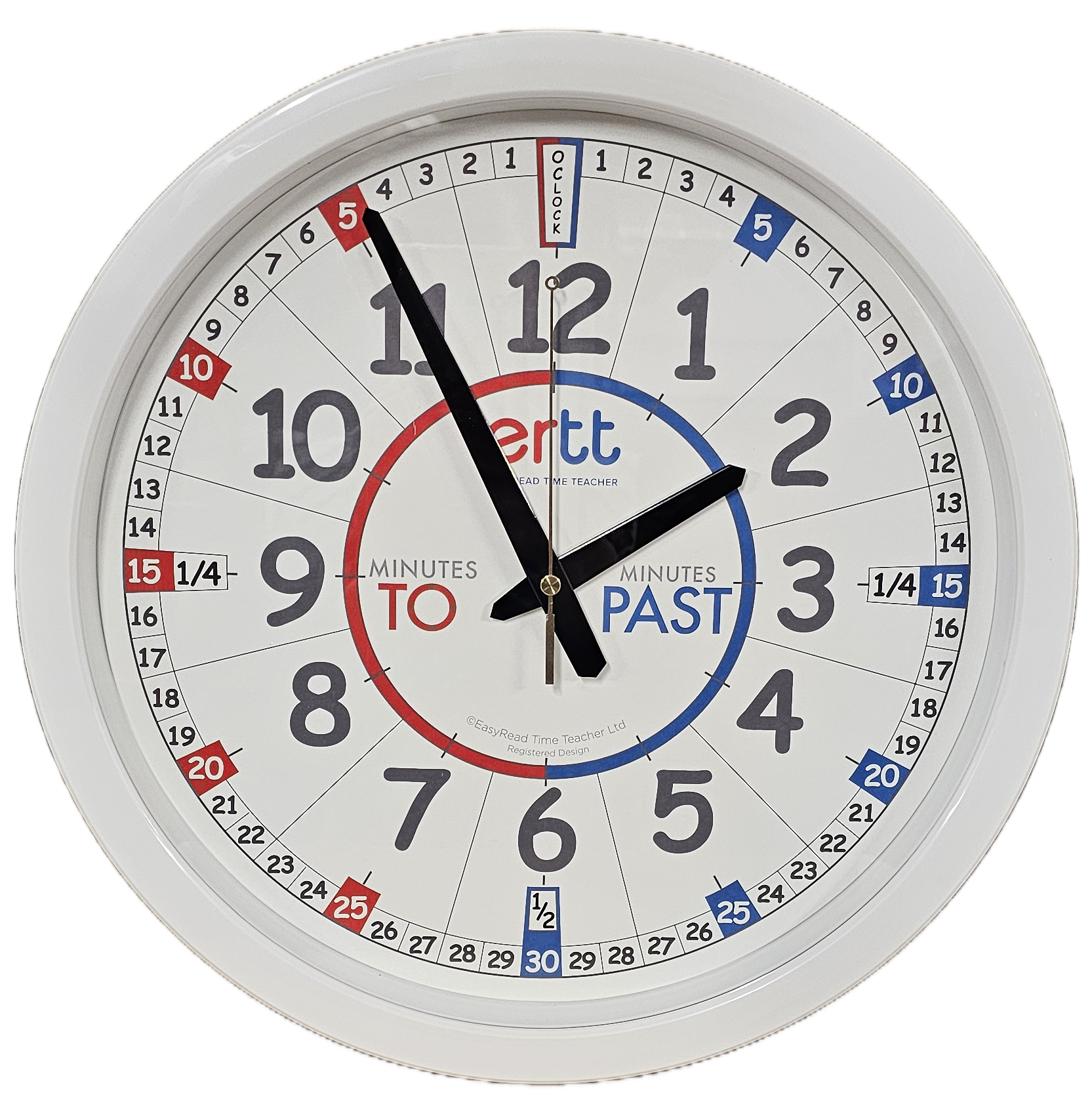 Easy Read Time Teacher Classroom Clock 35cm - White Frame - Red/Blue Face
