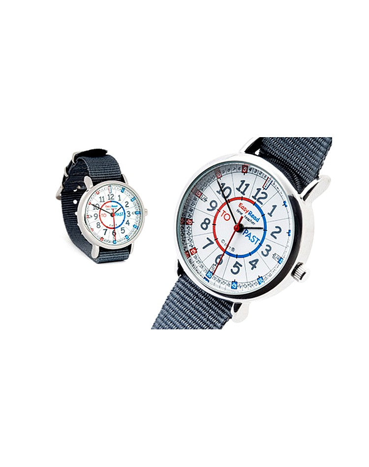 Easy Read Kids Watch ( Grey Band  Red+Blue face ) Learn to tell the time ( Past and To )