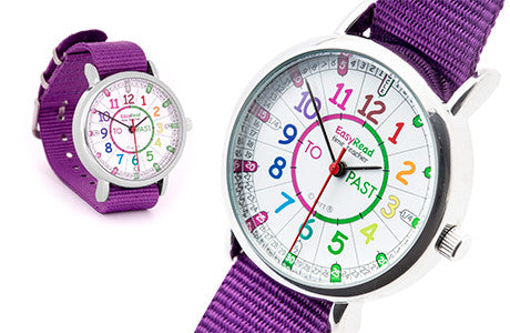 Easy Read Kids Watch (Purple with Rainbow face ) Learn to tell the time (Past and To)