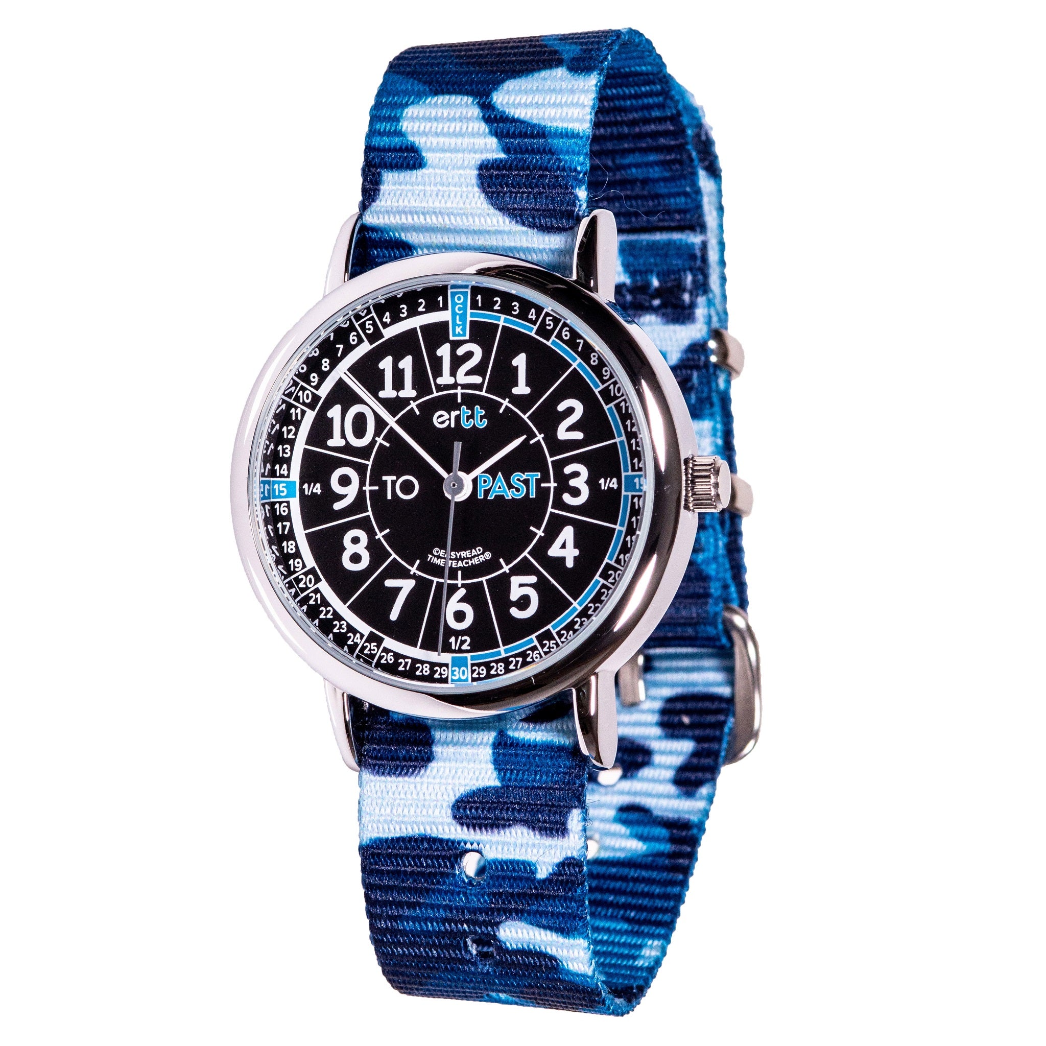 Easy Read Kids Watch ( Blue Camo with Black & Blue face ) Learn to tell the time ( Past and To )