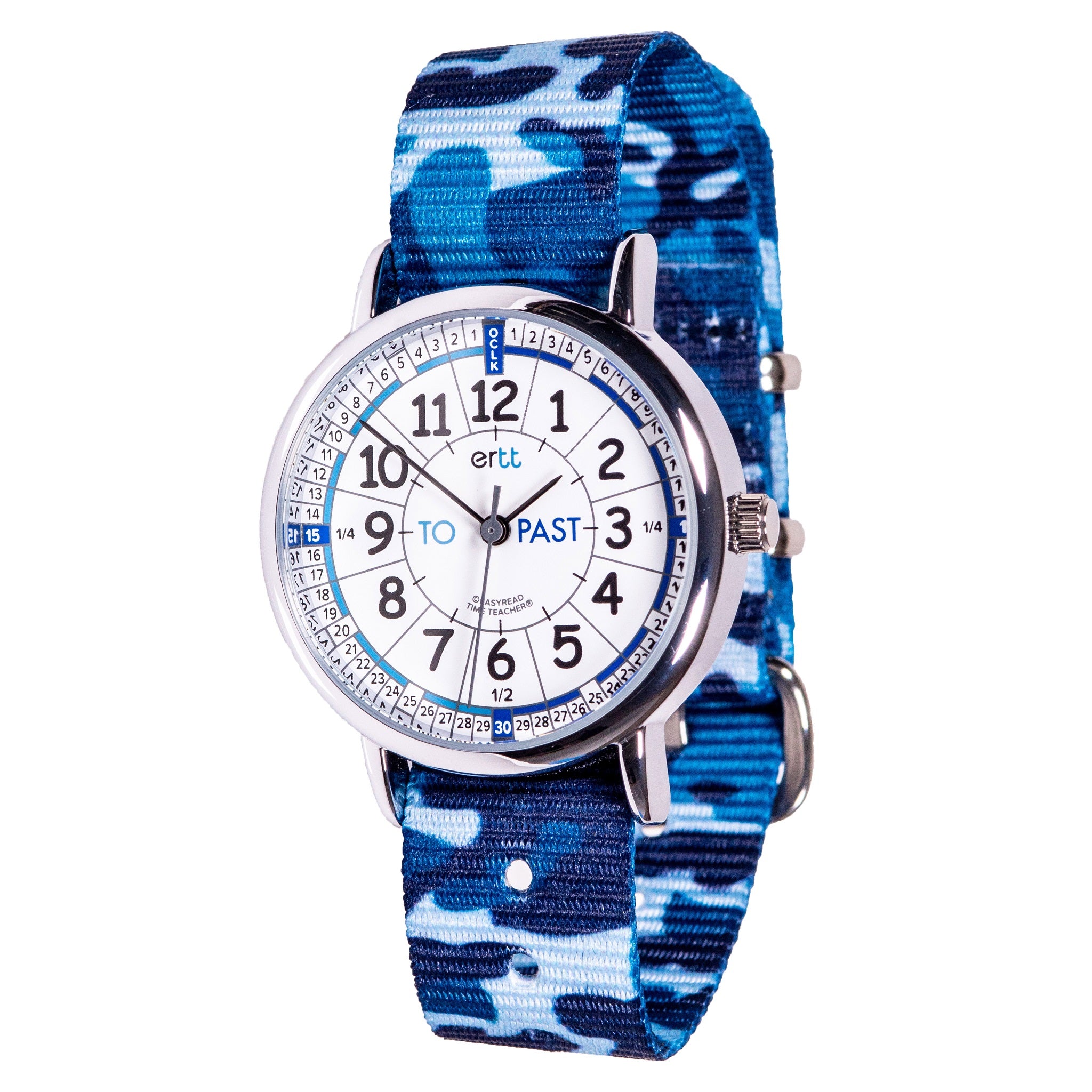 Easy Read Kids Watch ( Blue Camo with White & Blue face ) Learn to tell the time (Past and To)