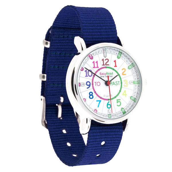 50m Waterproof Easy Read Kids Watch (Blue with Rainbow face ) Learn to tell the time