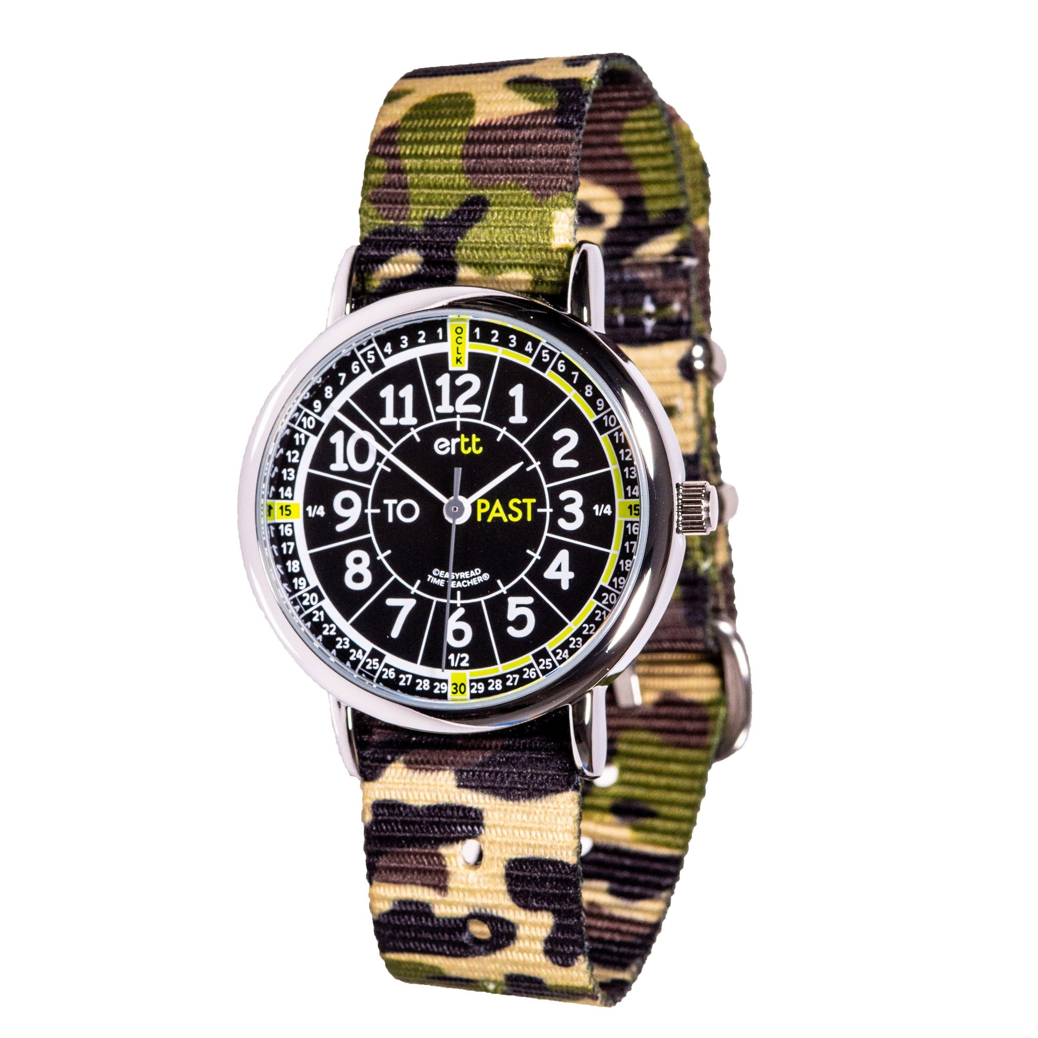 Easy Read Kids Watch ( Green Camo with Black & Green face ) Learn to tell the time (Past and To)