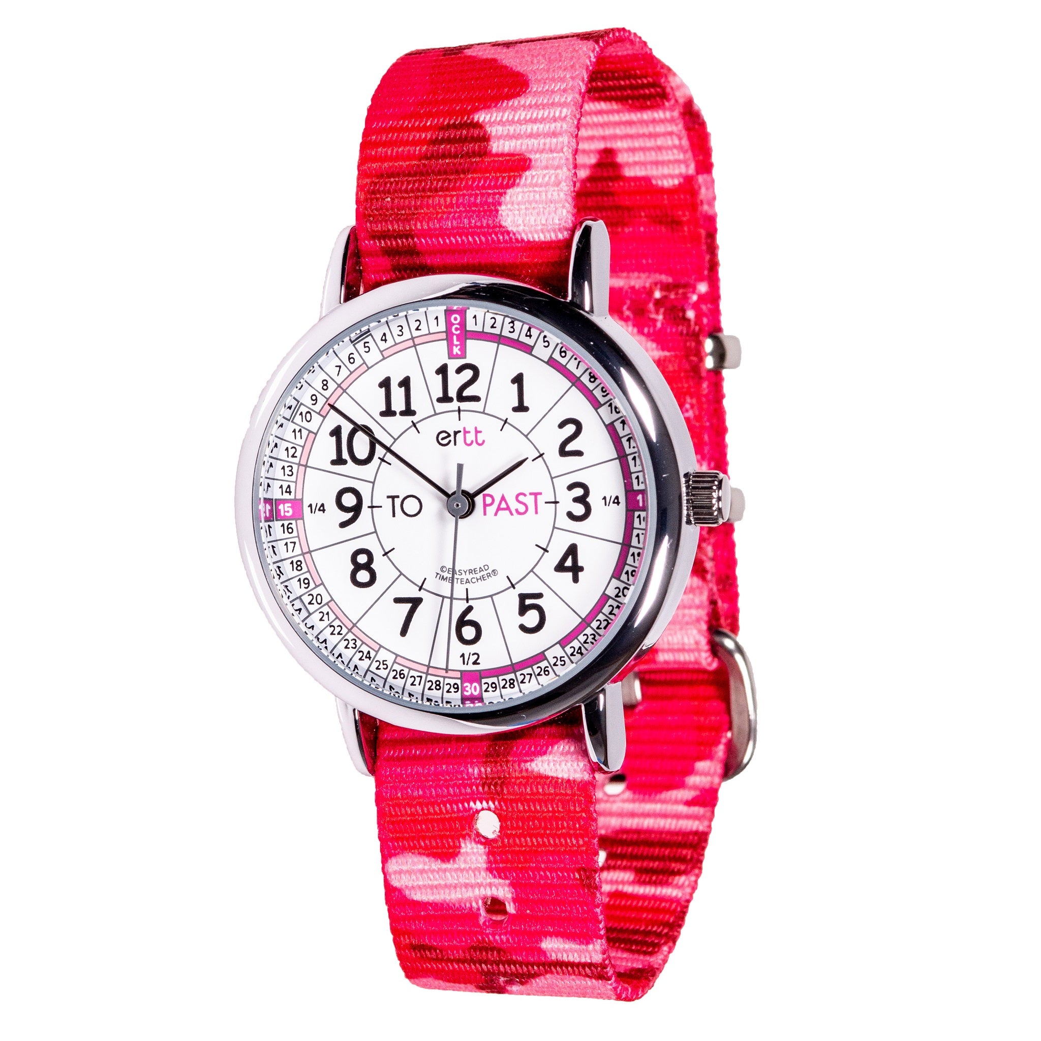 Easy Read kids Watch (Pink Camo with White & Pink face) Learn to tell the time (Past and To)